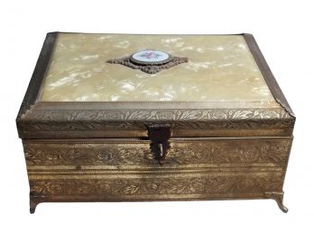Antique Ornate Metal & Mother Of Pearl Footed Dresser Box