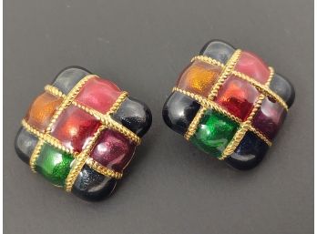 VINTAGE DESIGNER PREMIER DESIGNS ENAMEL CLIP ON EARRINGS