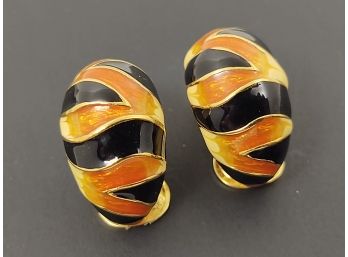 VINTAGE DESIGNER KJL KENNETH JAY LANE ENAMEL TIGER CLIP EARRINGS