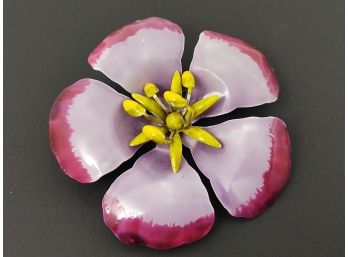 VINTAGE PURPLE & YELLOW ENAMEL ON METAL FLOWER BROOCH