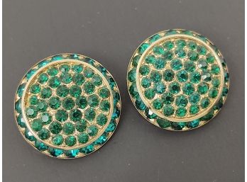 VINTAGE GREEN RHINSTONE BUTTON CLIP ON EARRINGS