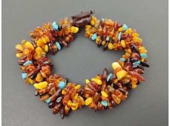 VINTAGE BALTIC AMBER CHUNK & TURQUOISE BEADED BRACELET