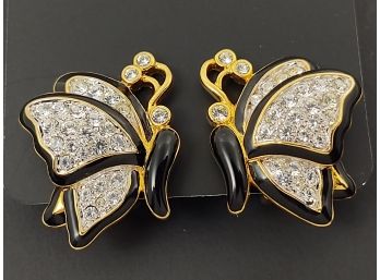 DESIGNER NOLAN MILLER ENAMEL & RHINESTONE BUTTERFLY CLIP ON EARRINGS