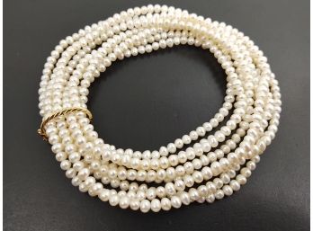 VERY LONG 100 INCHES 4mm - 6mm PEARL STRAND NECKLACE W/ 14K GOLD CLAMP