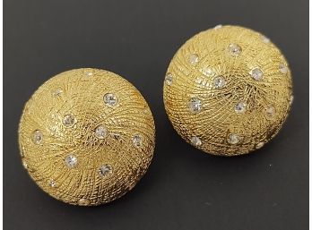 VINTAGE DESIGNER CHRISTIAN DIOR GOLD BUTTON PAVE CRYSTAL CLIP ON EARRINGS