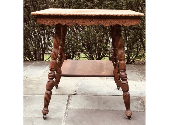 Antique Oak Side Table On Caster Feet