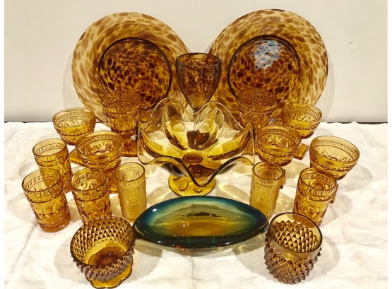 Amber Glass Collection & Comatible Art Glass Dish - 20 Pieces