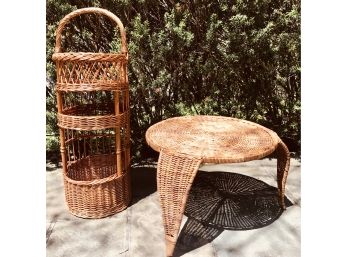 Tan Wicker Three Tier Stand And A Small Low Side Table