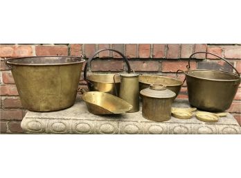 Group Of Vintage Brass Buckets, Scoops & Vessels - 9 Pieces