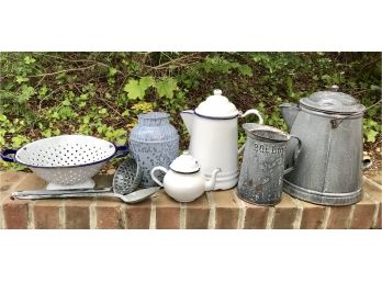 Group Of Eight Vintage Enamelware Pieces