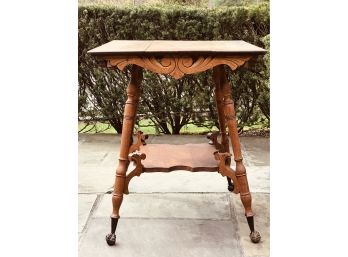 Antique Carved Oak Occassional Table On Iron Feet