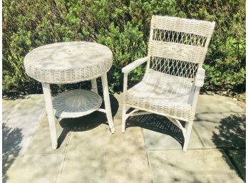 Lovely Vintage Small Wicker Side Table & Compatible Arm Chair