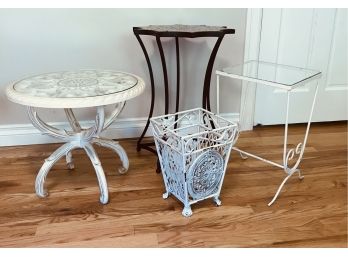 Three Small Metal Decorative Accent  Tables &  Metal Basket