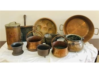 Ten Vintage Copper, Brass And Iron Vessels
