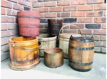 Seven Vintage Wooden Buckets & Vessels