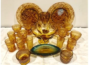 Amber Glass Collection & Comatible Art Glass Dish - 20 Pieces
