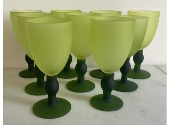 Nine Frosted Green Wine Glasses