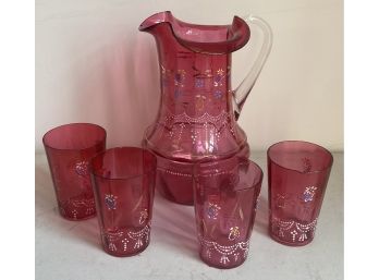 Hand Blown And Painted Pitcher And Cups