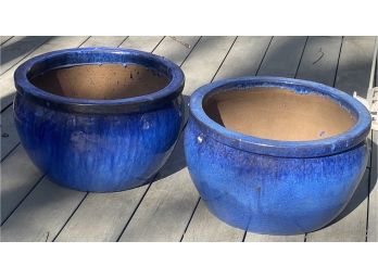 Pair Of Cobalt Blue Glazed Terra-cotta Planters