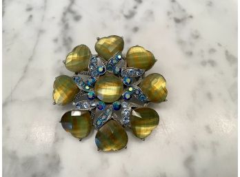 Large Flower Brooch With Olive Green Heart Shaped Petals