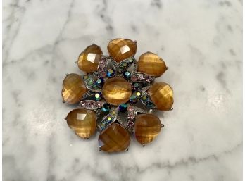 Large Brooch With Amber Colored Heart Petals