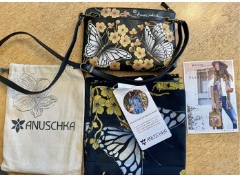 Original Anuschka Butterfly Painted Leather Crossbody & Matching Scarf