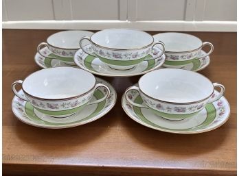 Teacup Lot 3: 5 Sets Green & Rose Design Double Handle