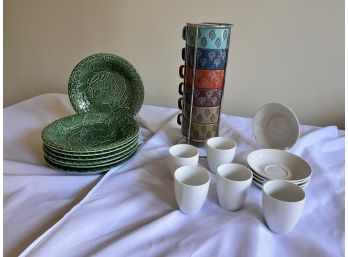 Assortment Of Ceramic Plates & Cups (DR) - Green Plates/Stacked Cups