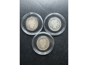 3 Barber Silver Dimes 1908, 1908-D, 1908-S