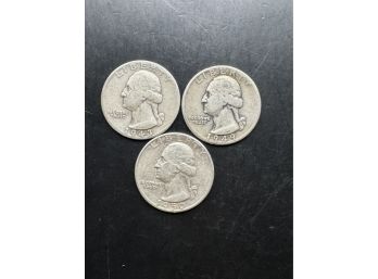 3 Washington Silver Quarters 1943, 1949-D, 1950