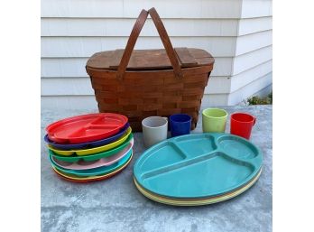 Vintage Picnic Basket & Plastic Serving Pieces