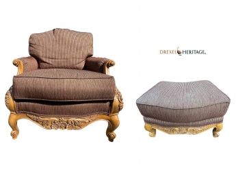 Drexel Heritage Armchair With Carved Accents And Matching Ottoman