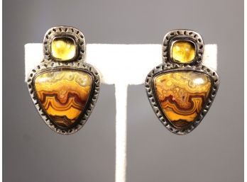 Very Fine Sterling Silver Southwestern Picture Agate And Citrine Clip Earrings