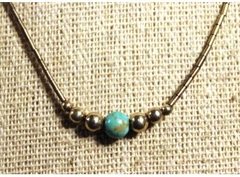 Vintage Sterling Silver Beaded Necklace Southwestern W Turquoise Bead 15' Long