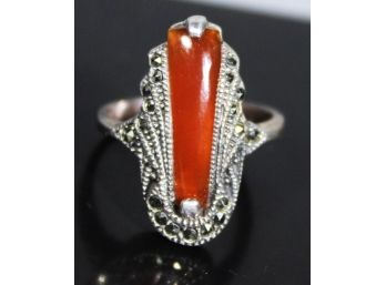 Art Deco Style Sterling Silver Marcasite Ring Having Carnelian Stone Size 6