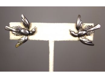 1950s Sterling Silver Flying Bird Screw Back Earrings