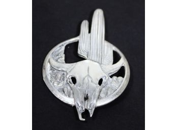 Signed Sterling Silver Southwestern Heavy Brooch Cow Skull & Cactus