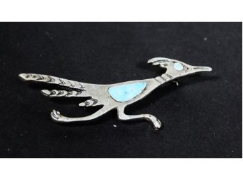 Vintage Southwestern Sterling Silver Turquoise Roadrunner Brooch