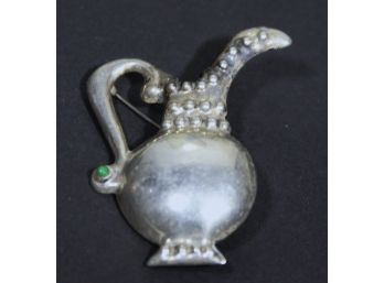 Vintage Mexican Sterling Silver Pitcher Brooch Having Turquoise Stone