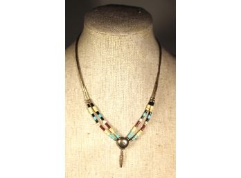 Fine Sterling Silver Turquoise Coral And Shell Beaded Necklace Feather Pendant 15' Long