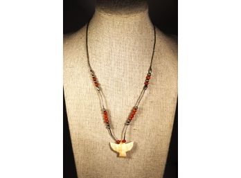 Vintage Native American Southwestern Sterling Silver, Coral And Carved Bone Eagle Necklace