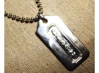 Genuine COACH Sterling Silver Label Pendant Necklace On 36' Long Beaded Sterling Chain