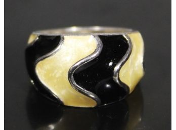 Black And Off-white Sterling Silver Wide Enamel Ladies Ring Size 6