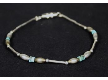 Vintage Sterling Silver Turquoise Beaded Bracelet Having Barrel Clasp