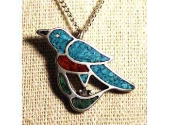 Vintage Sterling Silver Southwestern Chain And Pendant Crushed Turquoise And Coral Bird