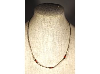 Vintage Sterling Silver, Black Onyx And Coral Beaded Southwestern Necklace 15'