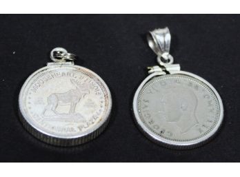 Two Bezel Set Sterling Silver Coin Pendants