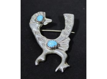 Fine Southwestern Vintage Sterling Silver Brooch Of A Baby Roadrunner Turquoise