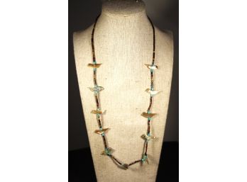 Shell, Turquoise And Mother Of Pearl Beaded Bird Fetish Necklace 22' Long