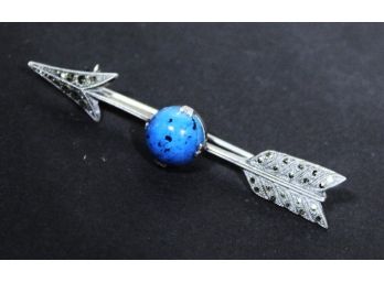 Antique Sterling Silver Brooch Pin Lapis Stone And Marcasites Arrow Form